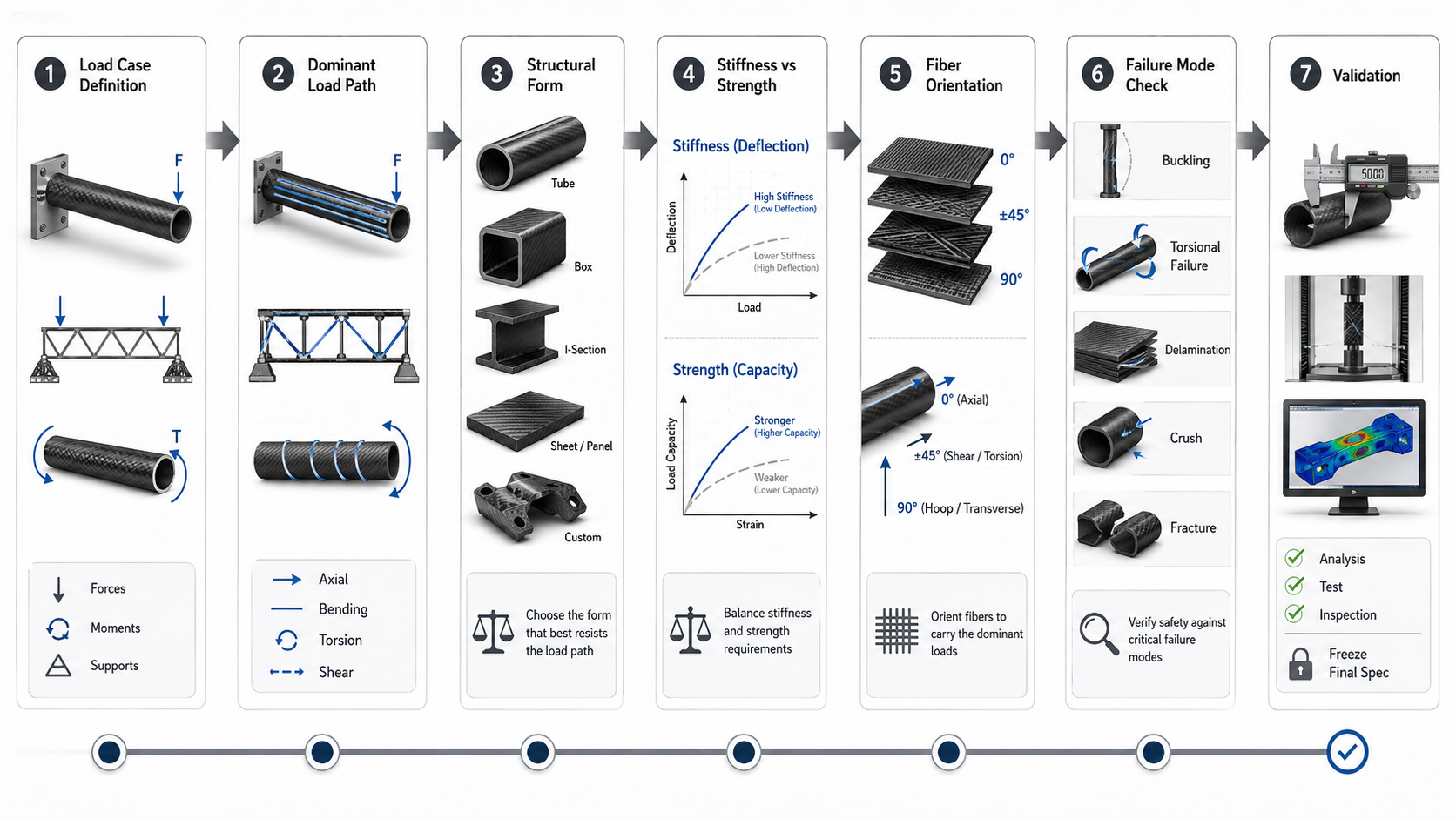 Seven-step carbon fiber load case decision flow showing product form selection, fiber orientation and validation.
