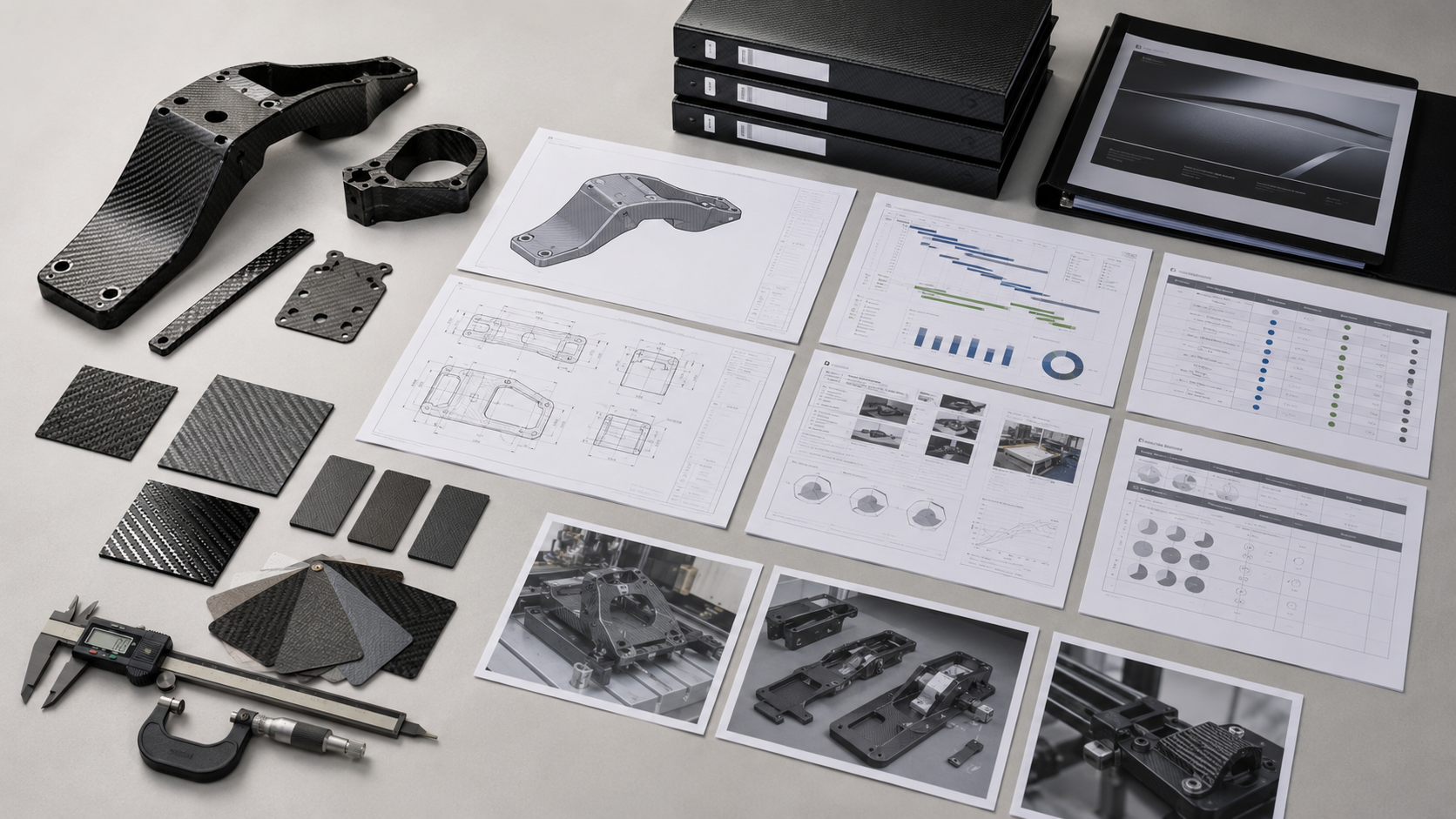 Custom carbon fiber parts, material samples, CAD drawings, inspection tools, and RFQ documents arranged for manufacturing review.