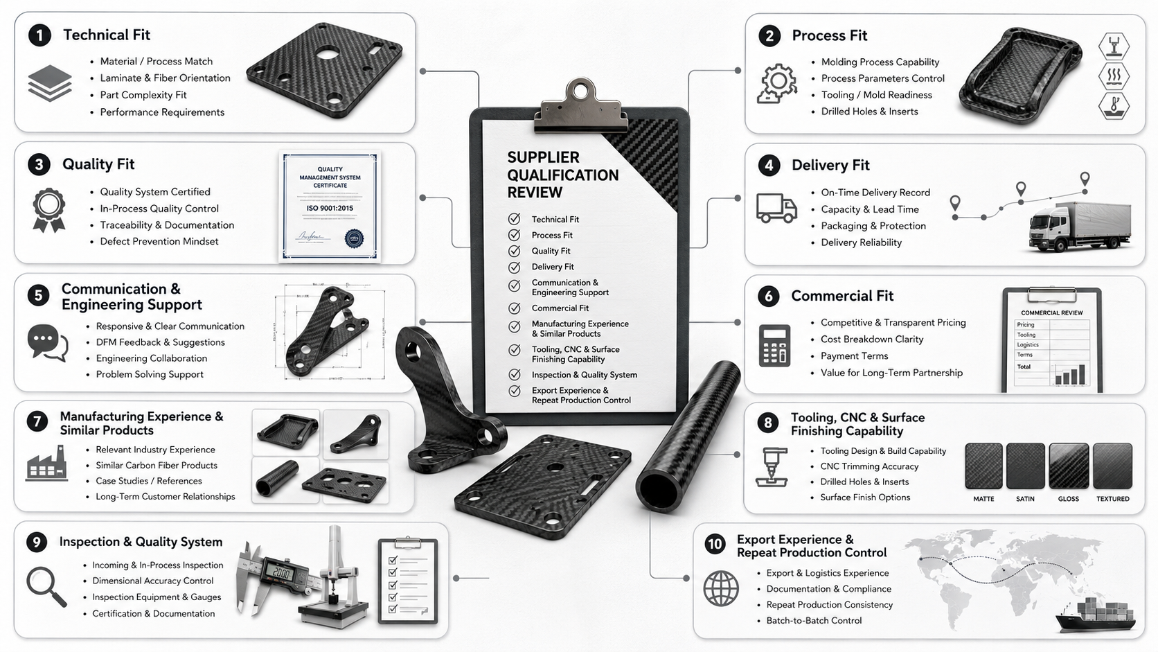 Carbon fiber supplier qualification visual showing technical fit, process capability, quality control and delivery review.