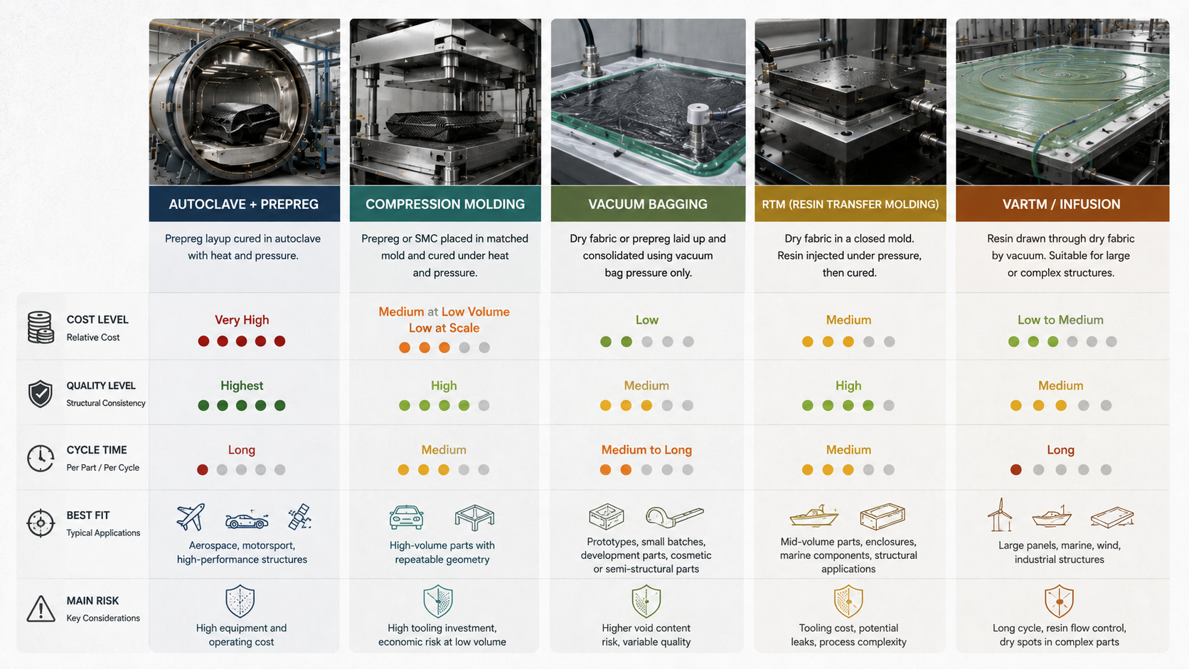 Carbon fiber molding process comparison visual showing autoclave, compression molding, vacuum bagging, RTM and VARTM by cost and application fit.