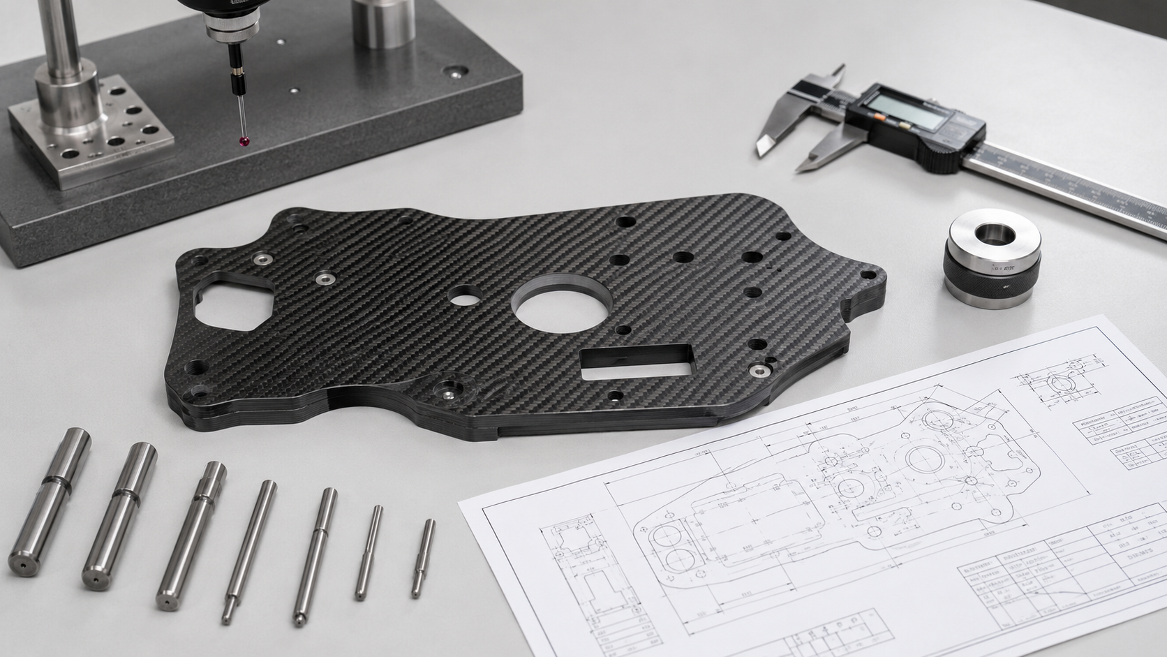 Custom carbon fiber geometry and tolerance inspection visual with machined holes, drawing sheets and measurement tools.