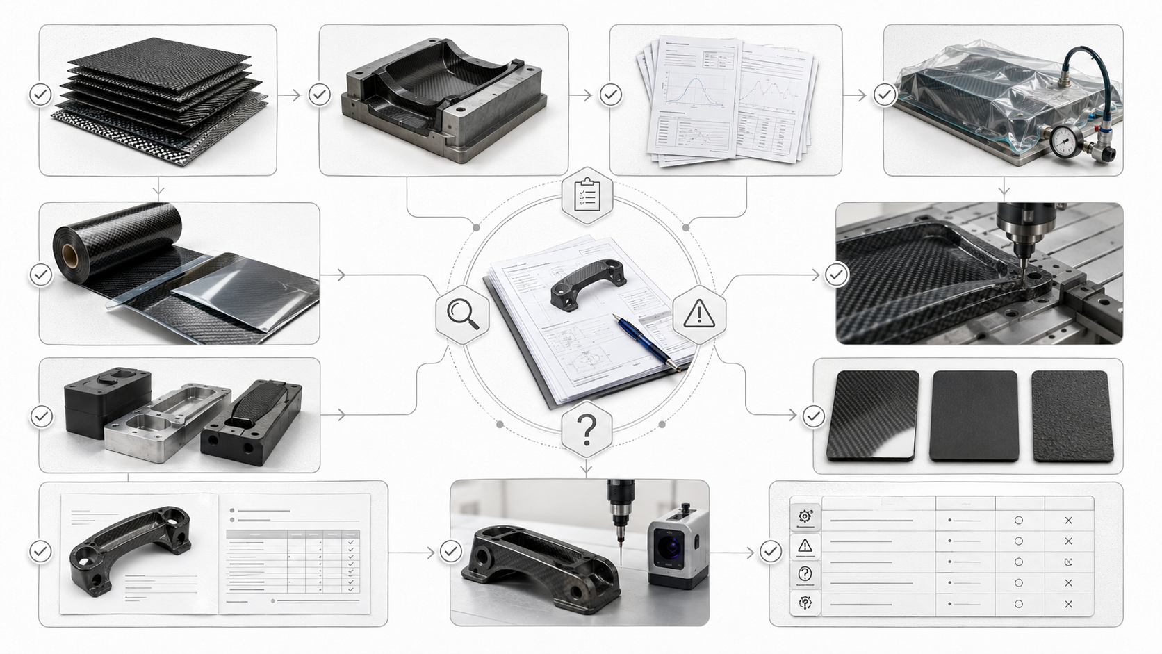 Carbon fiber process capability visual showing layup, curing records, tooling, CNC trimming and manufacturing route review.