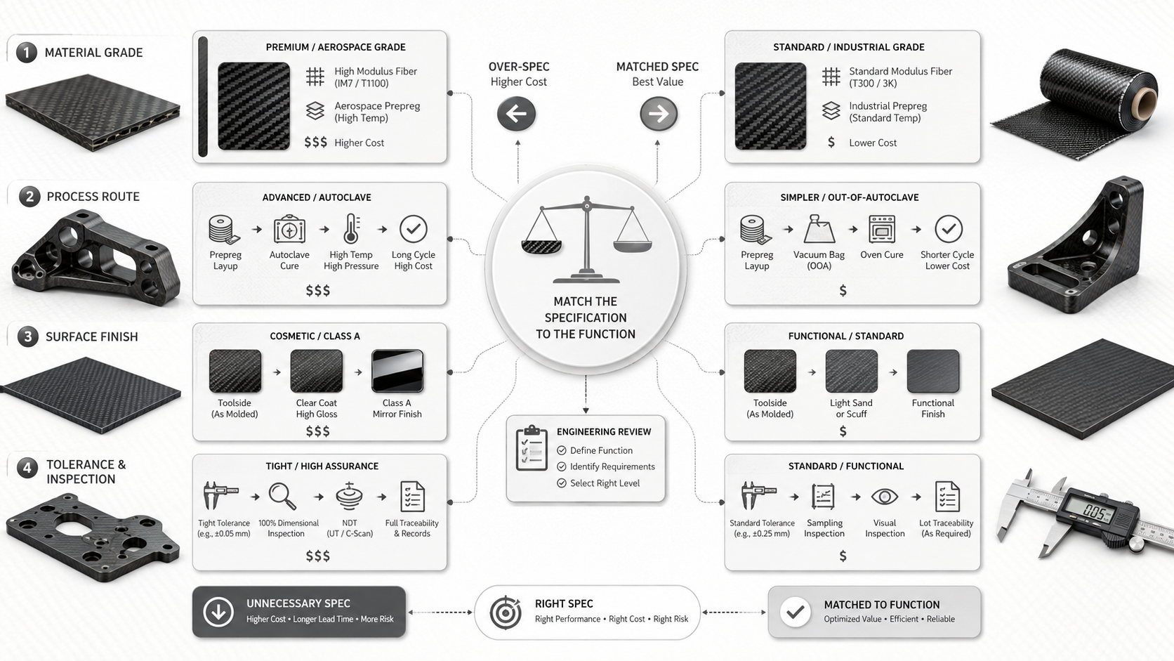 Carbon fiber over-specification visual showing material grade, curing process, tolerance and surface finish cost risks.