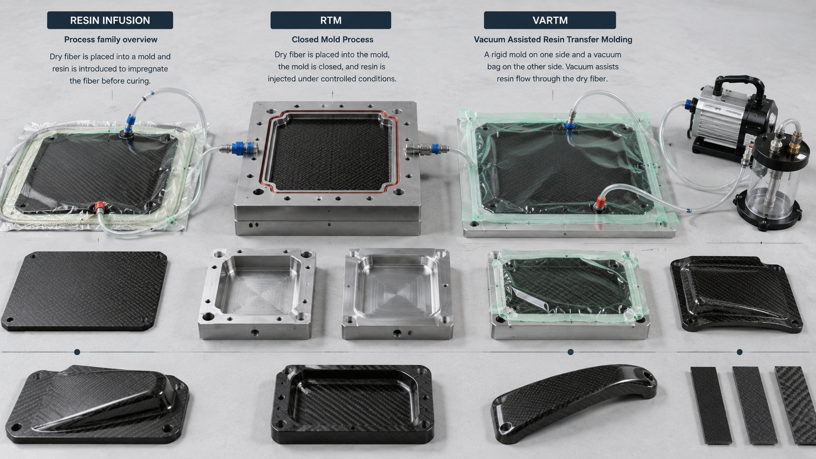 Carbon fiber resin infusion, RTM and VARTM process visual showing dry fiber preform, resin flow, mold and vacuum bag concepts.