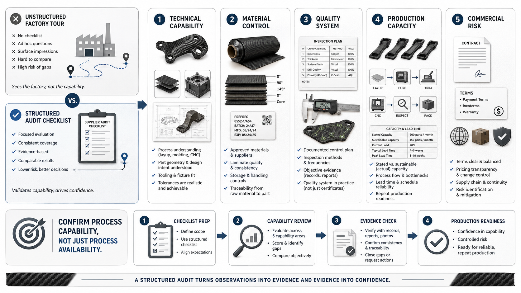 Carbon fiber fabrication supplier audit checklist visual showing technical capability, material control, quality system, capacity and commercial risk.