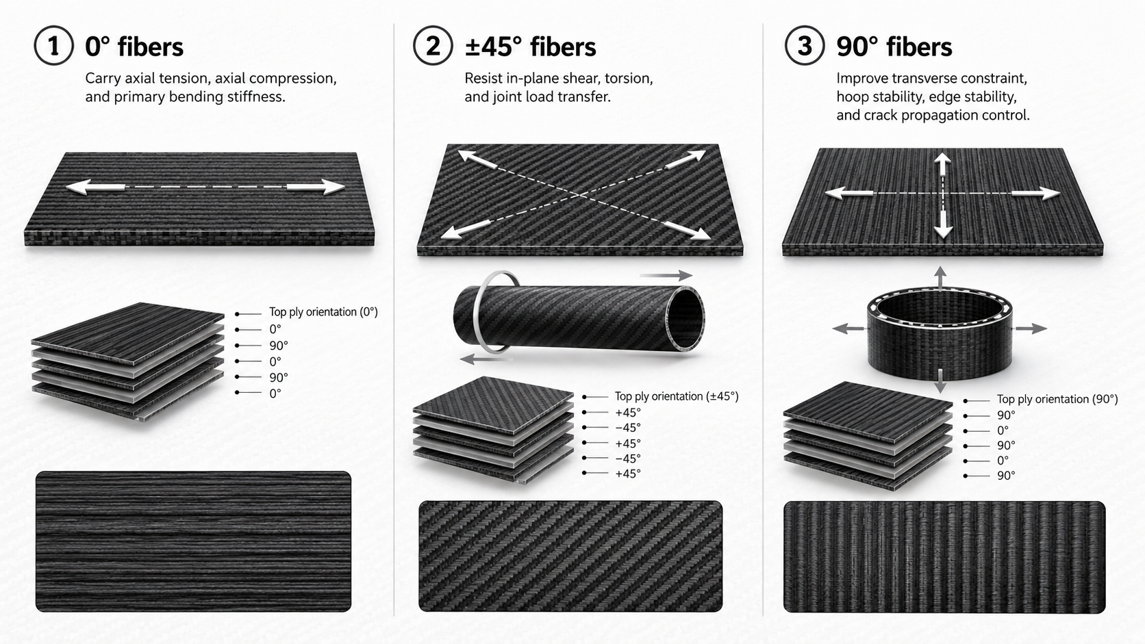 Clean visual explaining carbon fiber fiber orientation with 0 degree, plus-minus 45 degree and 90 degree layer concepts.