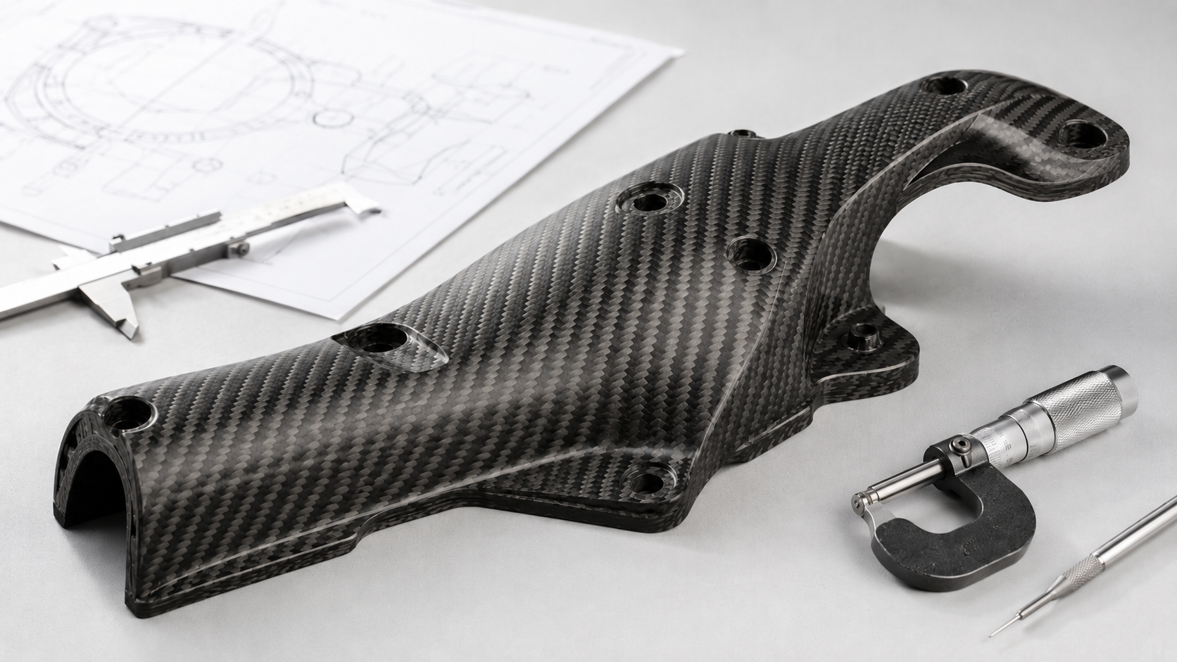 Custom molded carbon fiber part with precision geometry, mounting features and engineering review tools.