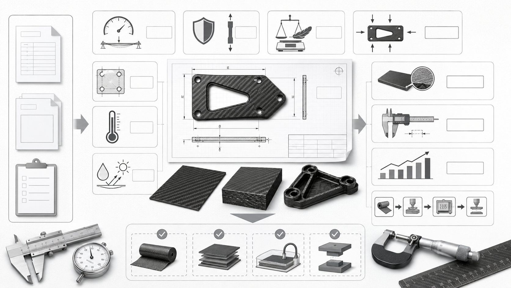 Engineering RFQ visual showing performance requirements instead of only thickness and quantity for carbon fiber parts.