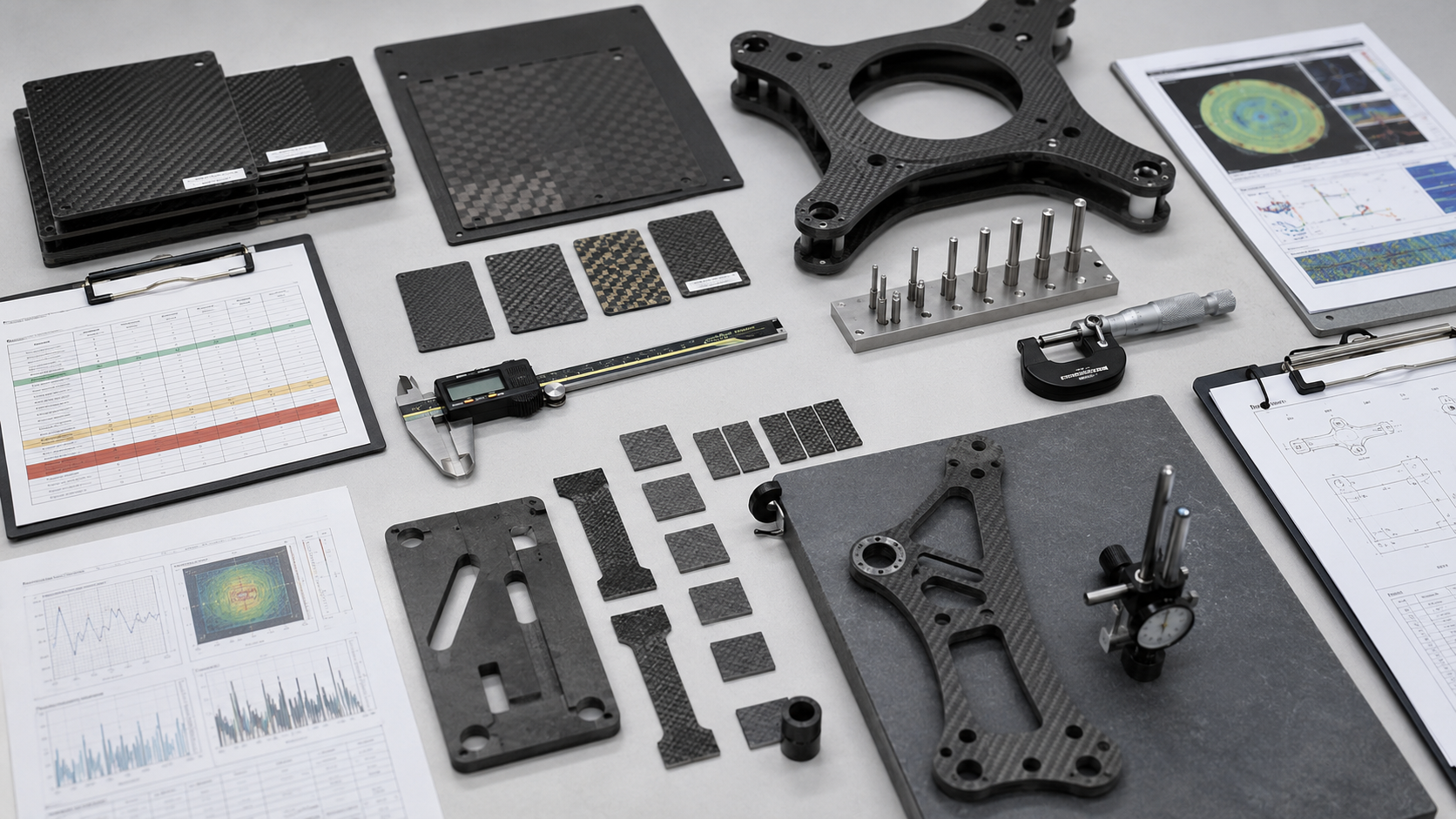 Carbon fiber quality control infrastructure visual showing incoming inspection, in-process control, final inspection and NDT documentation.