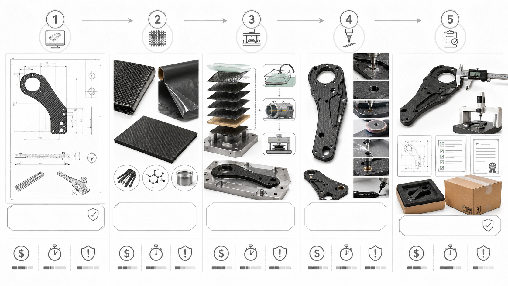 End-to-end carbon fiber fabrication process visual showing design confirmation, material selection, manufacturing, post-processing, QC and delivery.