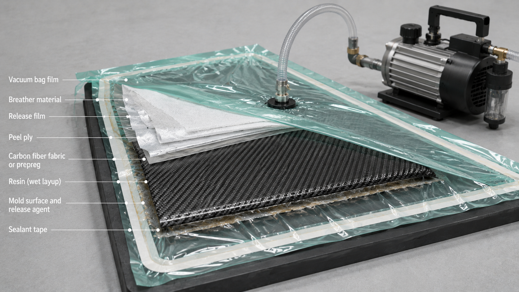 Carbon fiber vacuum bagging process visual showing mold, peel ply, release film, breather, bag film, vacuum port and pump concept.