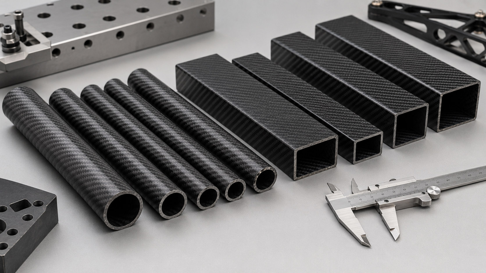 Carbon fiber round, square and rectangular tubes with hollow cross sections for bending and torsion load applications.