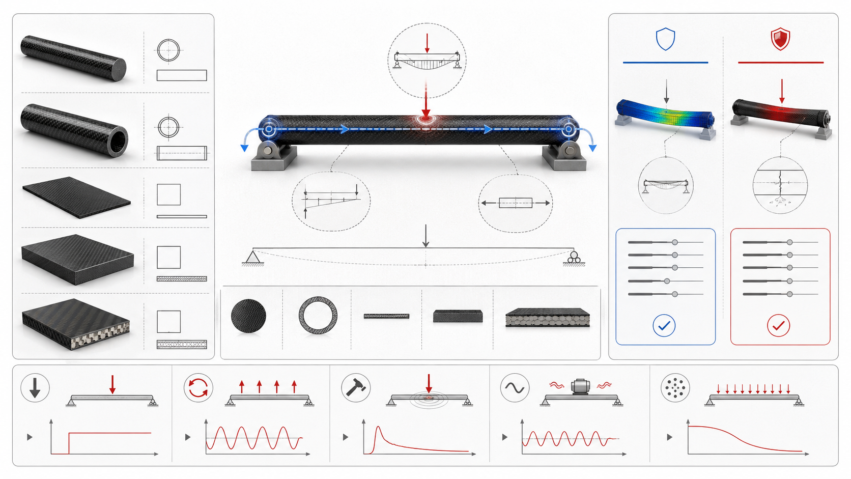 Engineering-style visual showing carbon fiber load path review with force direction and support point concepts.