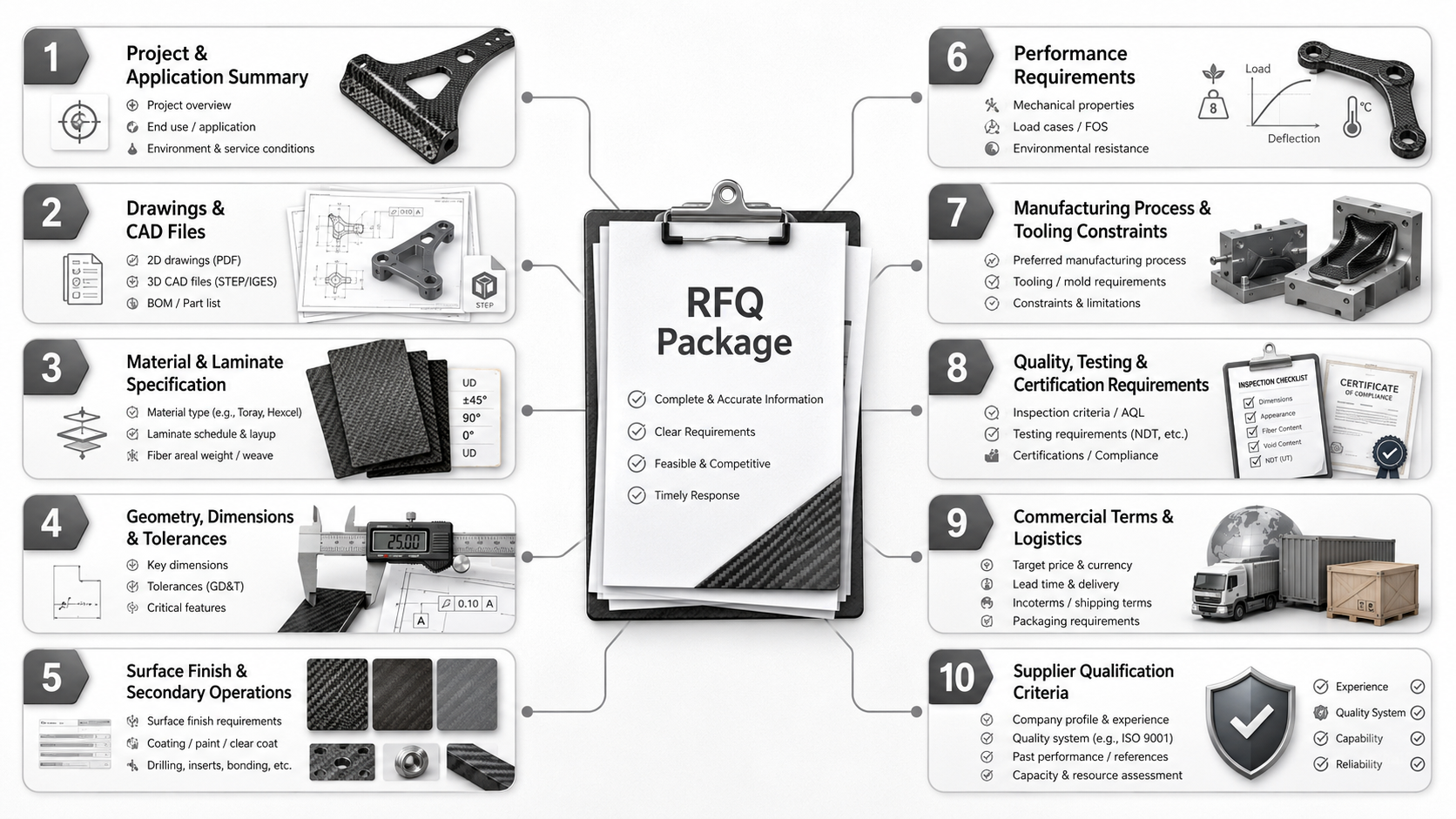 Clean visual showing the ten information areas needed for a complete custom carbon fiber RFQ.