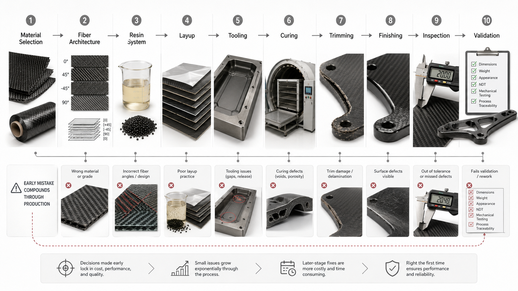 Clean visual showing carbon fiber cost drivers such as material, tooling, process, finishing and inspection.