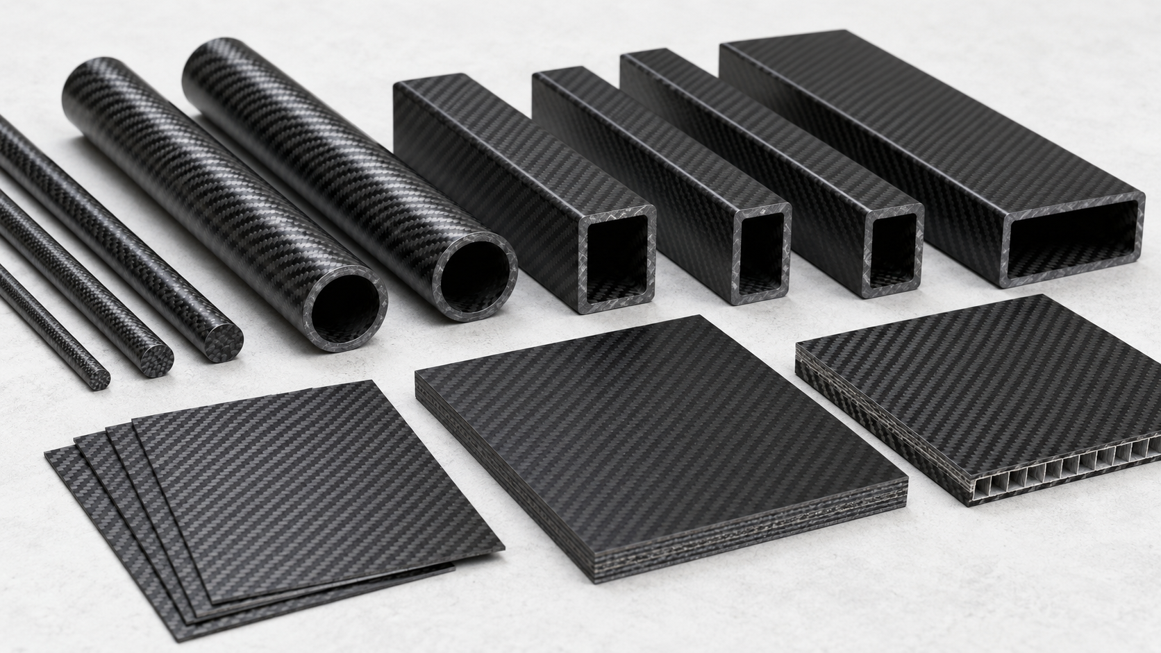 Create a realistic 16:9 product comparison photo on a clean white or subtle light-gray textured background. Show carbon fiber rods, round tubes, square tubes, rectangular tubes, flat sheets, thicker plates and lightweight panels arranged neatly for engineering comparison. Show visible hollow tube cross sections, solid rod ends, sheet laminate layers, clean machined edges and strong twill weave texture. Use soft studio lighting, realistic shadows and a premium industrial catalog look. No people, no hands, no readable text, no labels, no logos, no workshop clutter, no oily reflections, no plastic-like surface.