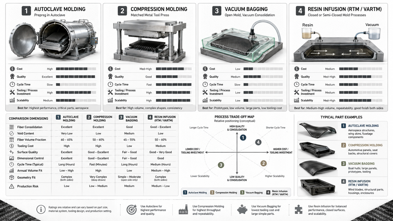 Clean visual showing four carbon fiber molding process families compared by cost, quality, cycle time and scalability.