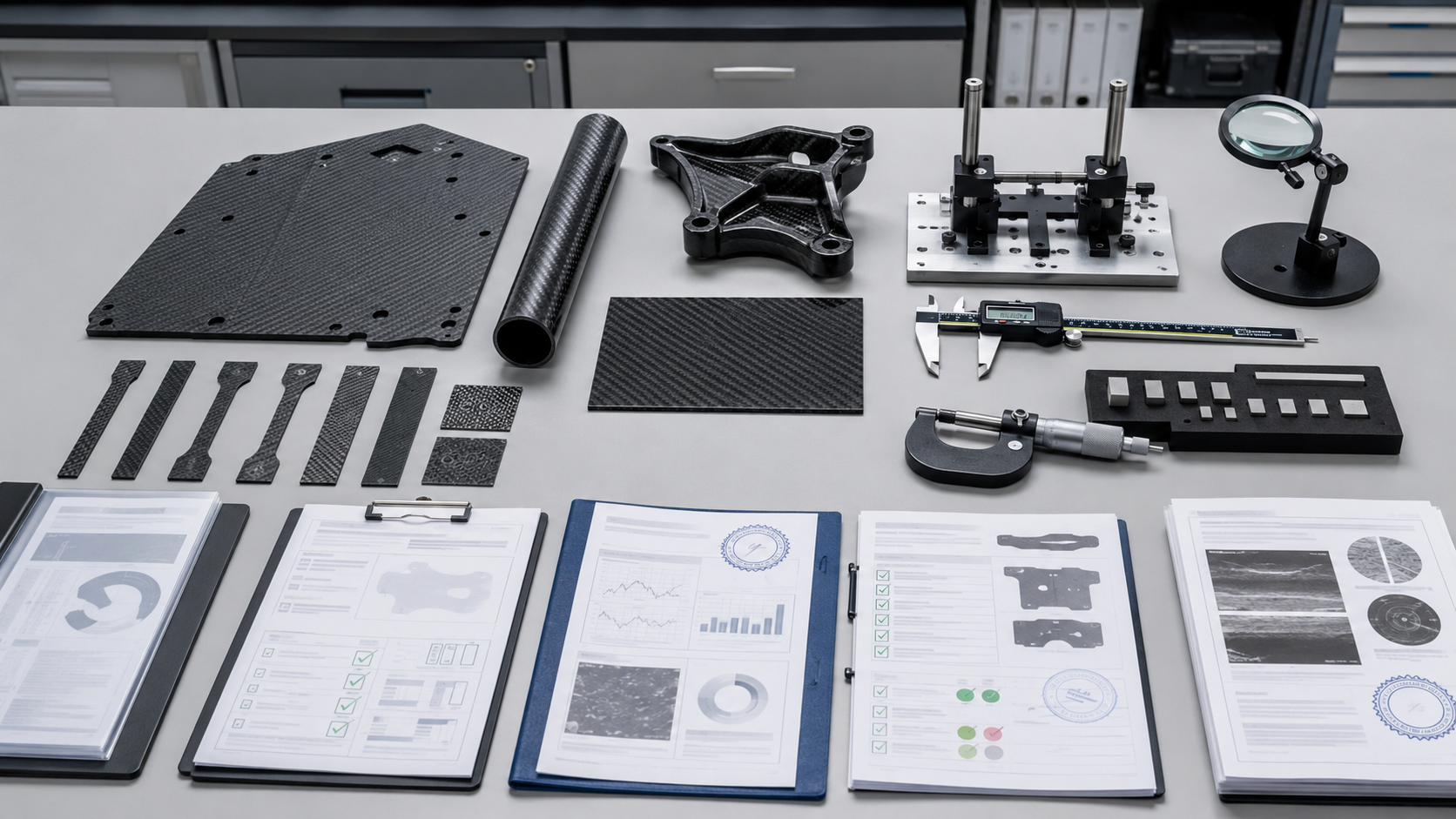 Carbon fiber quality testing and certification visual with inspection tools, test coupons and report documents.