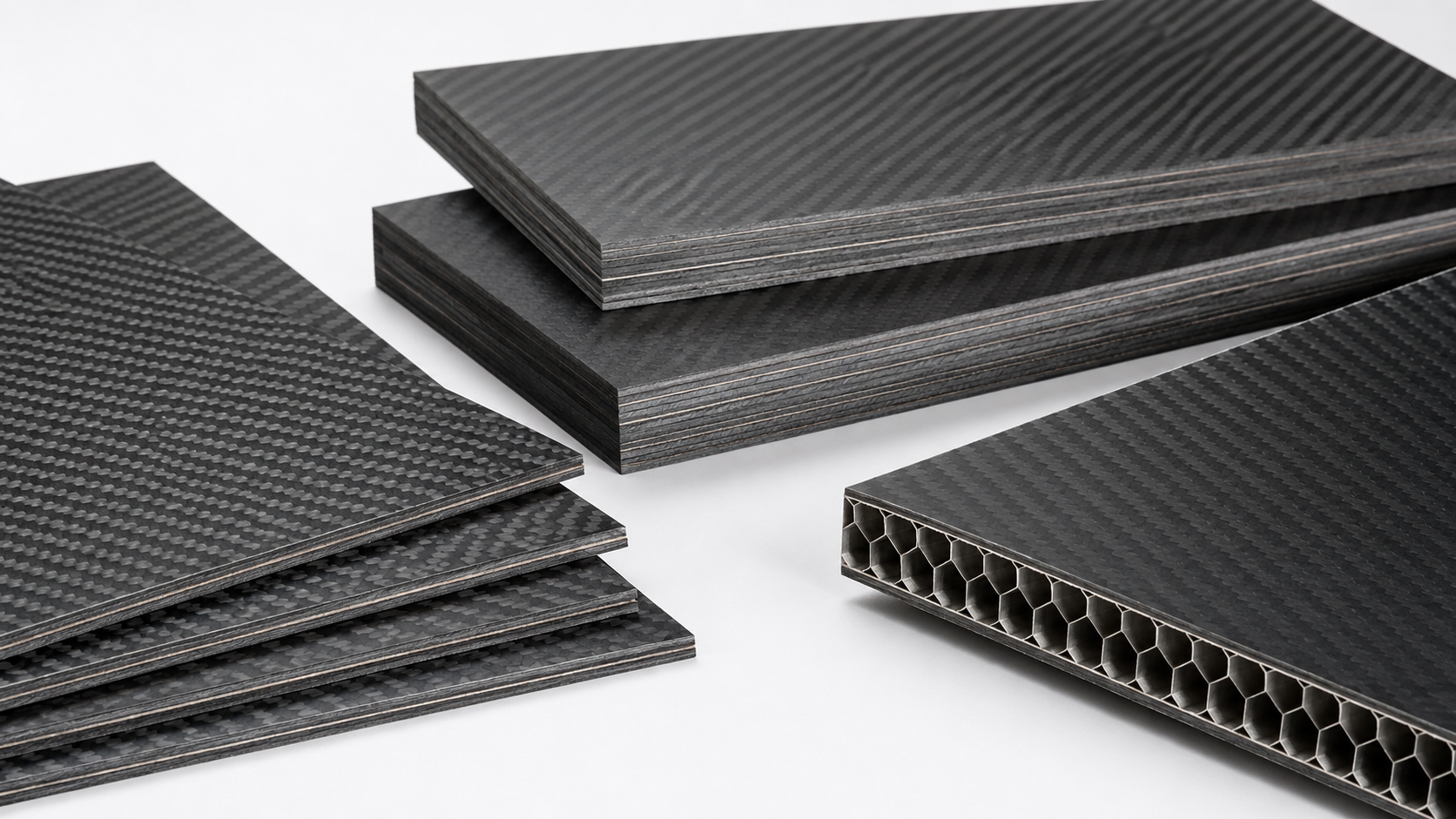 Create a realistic 16:9 product photo of carbon fiber sheets, thicker carbon fiber plates and a lightweight carbon fiber sandwich panel on a clean white or light-gray background. Show flat panels with visible laminate layers, clean machined edges, strong twill weave texture, and one panel cross section suggesting a lightweight core between carbon fiber face sheets. Use soft studio lighting, realistic shadows and a premium industrial catalog style. No people, no hands, no readable text, no labels, no logos, no excessive gloss, no workshop clutter.