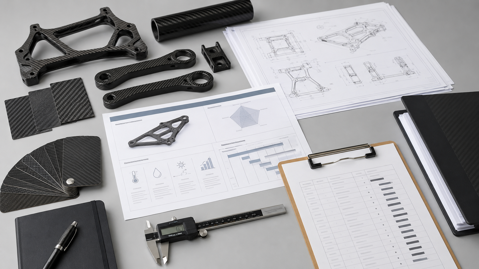 Carbon fiber RFQ application summary visual with project documents, product samples and engineering review tools.