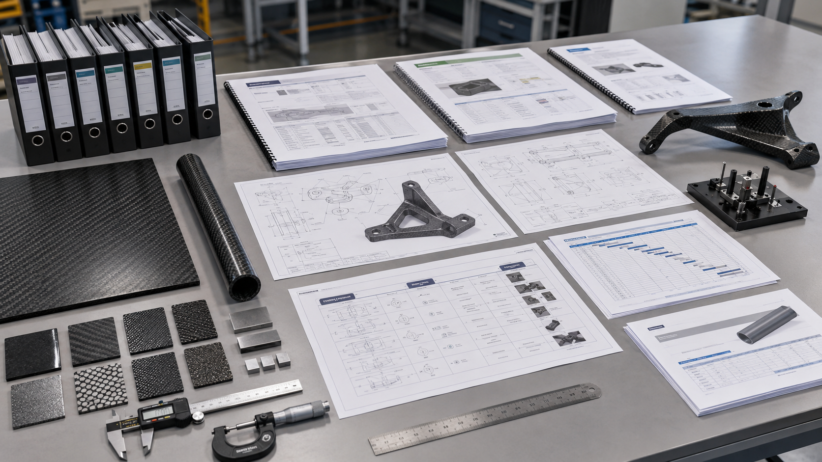 Carbon fiber RFQ package visual showing CAD files, drawings, specifications, quantity target and manufacturing review documents.