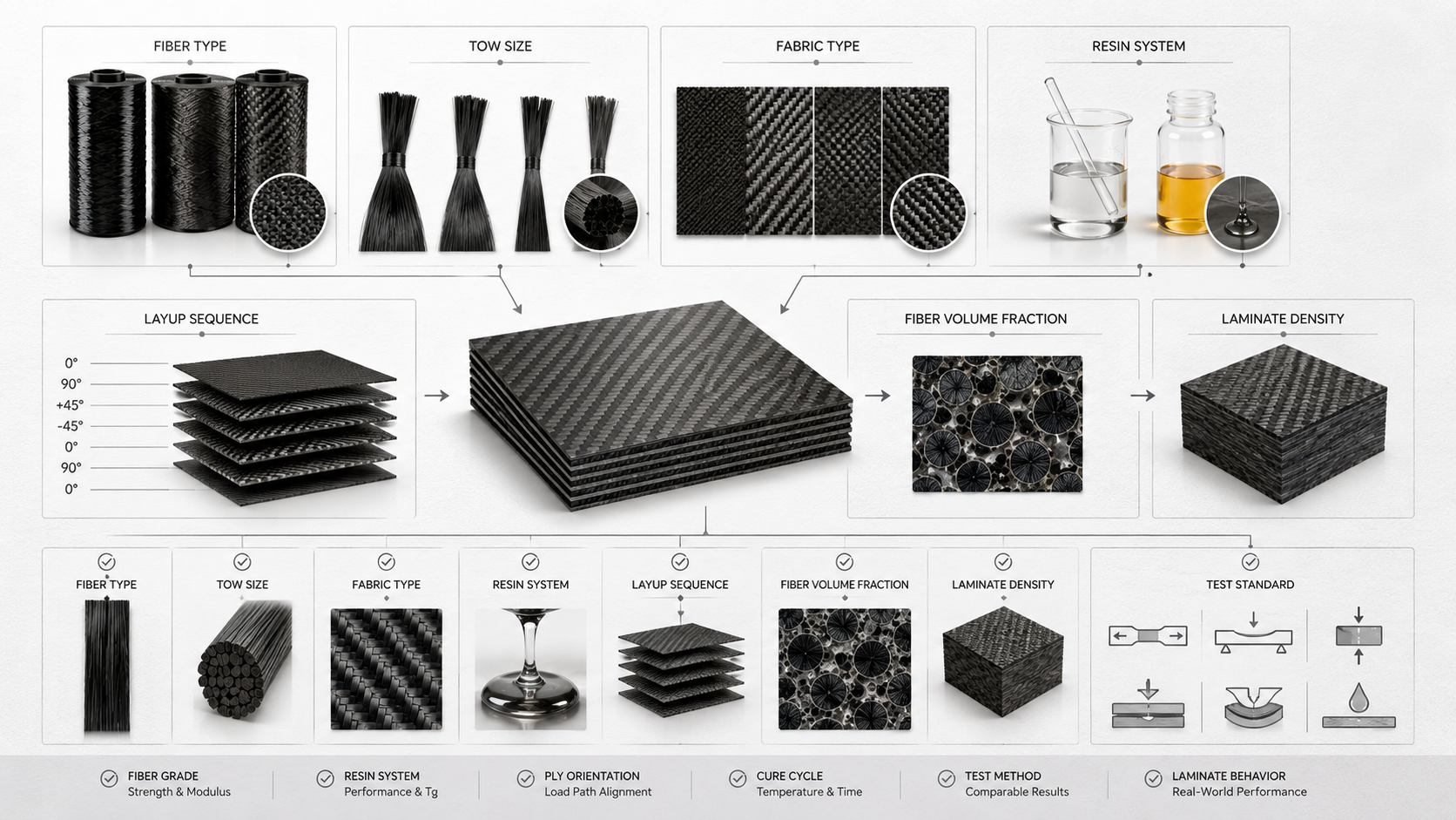Carbon fiber material and laminate specification visual showing fiber type, resin system, layup and test standard concepts.
