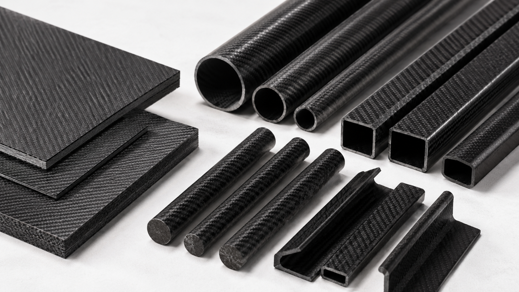 Standard carbon fiber stock products including sheets, plates, tubes, rods and profiles arranged on a clean background.