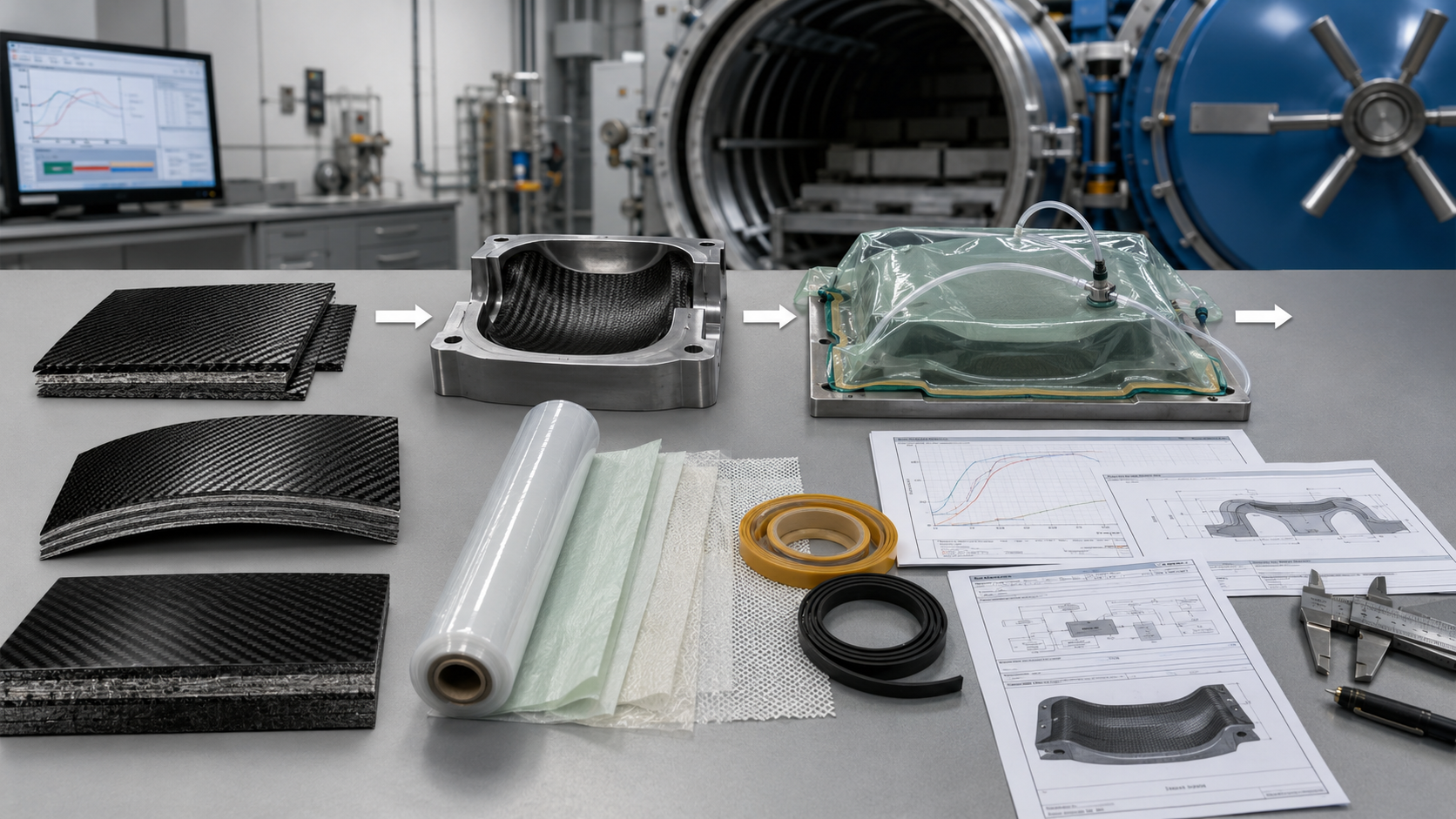 Autoclave carbon fiber molding visual showing prepreg layup, vacuum bagging, tooling and pressure curing concept.