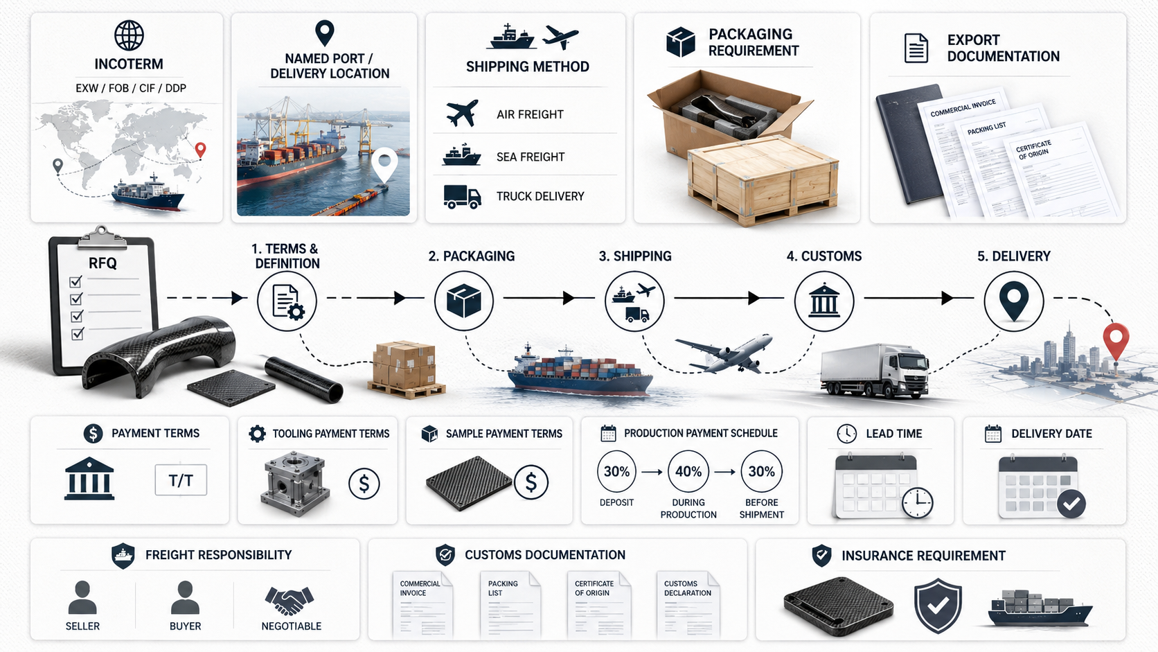 Carbon fiber commercial terms and logistics visual showing Incoterm, packaging, delivery and export documentation concepts.
