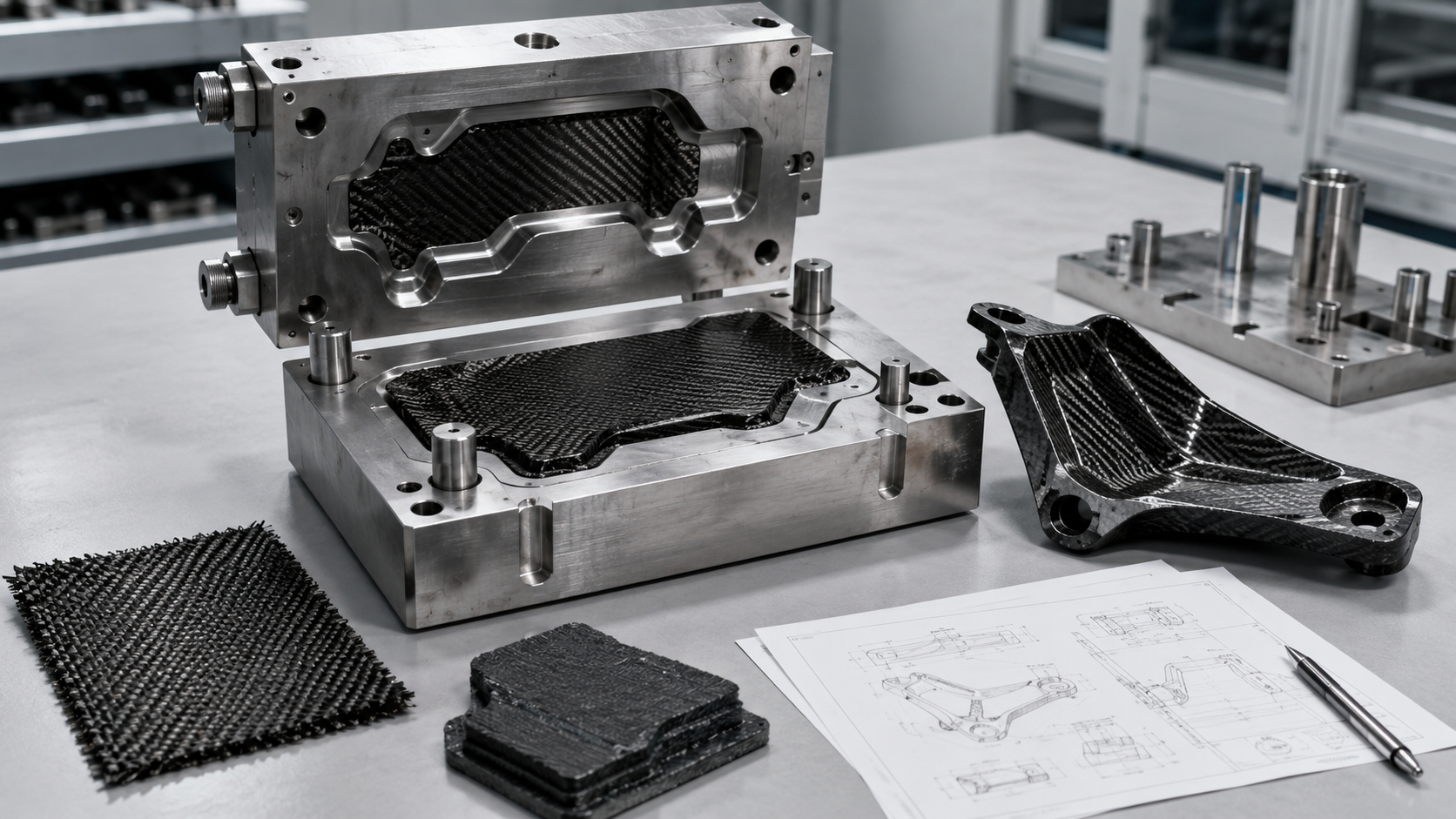 Carbon fiber compression molding visual showing matched tooling, molded parts, preform material and high-volume production concept.