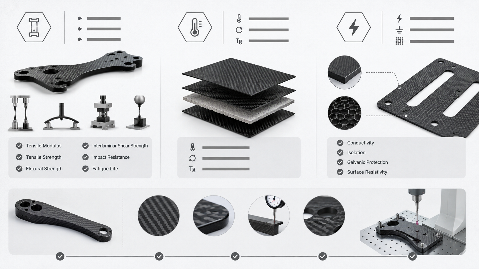Carbon fiber performance requirement visual showing mechanical, thermal and electrical specification concepts.