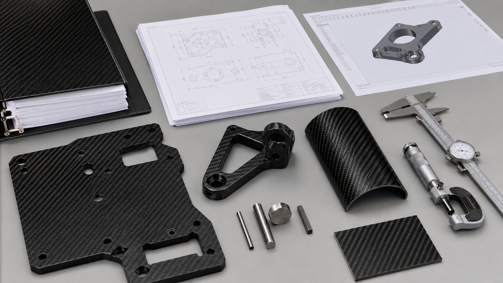 Carbon fiber RFQ package visual with CAD files, 2D drawings, tolerances, surface grades and inspection requirements.