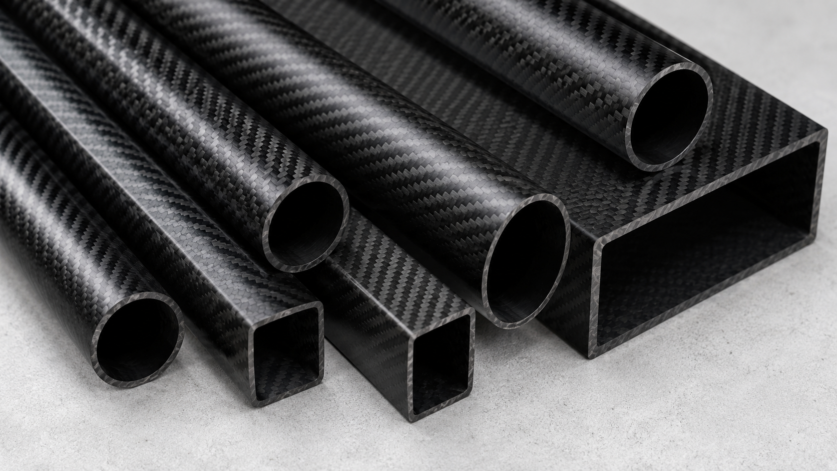 Round, square and rectangular carbon fiber tubes with visible hollow cross sections and woven texture.
