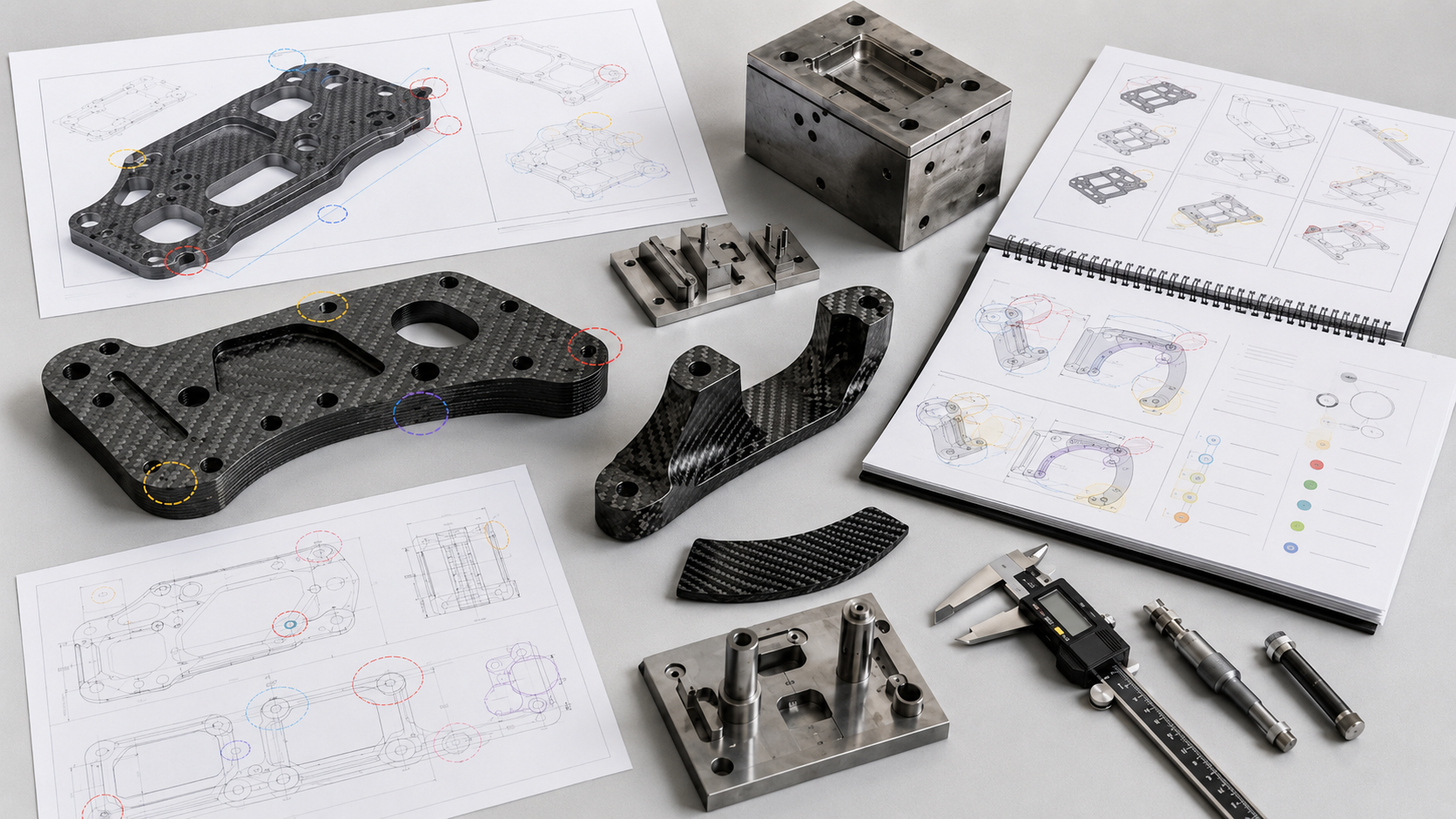 Carbon fiber engineering support visual showing CAD review, DFM feedback, process comparison and technical communication.