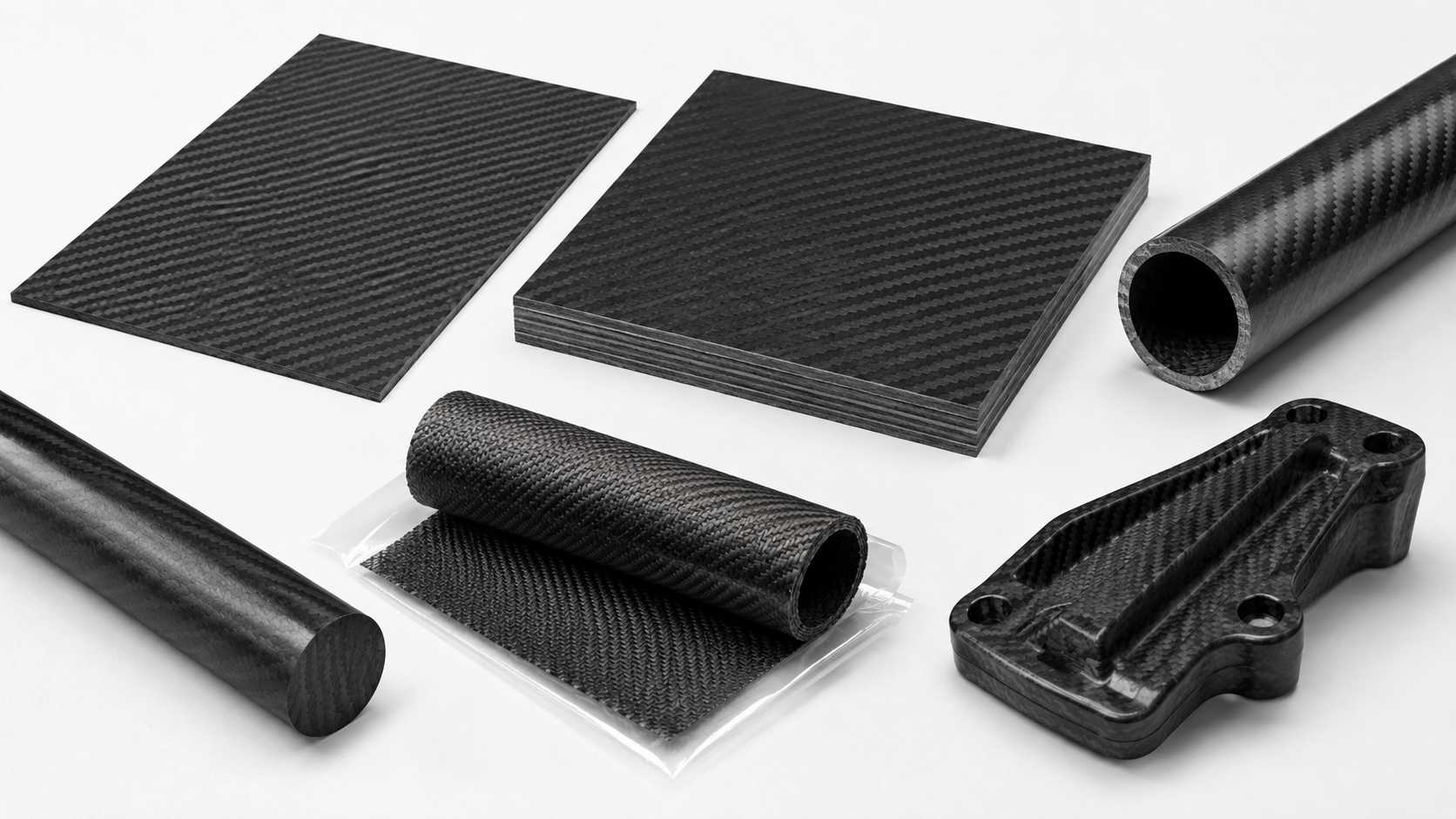 Carbon fiber sheets, plates, tubes, rods, prepreg and molded samples arranged as product forms.