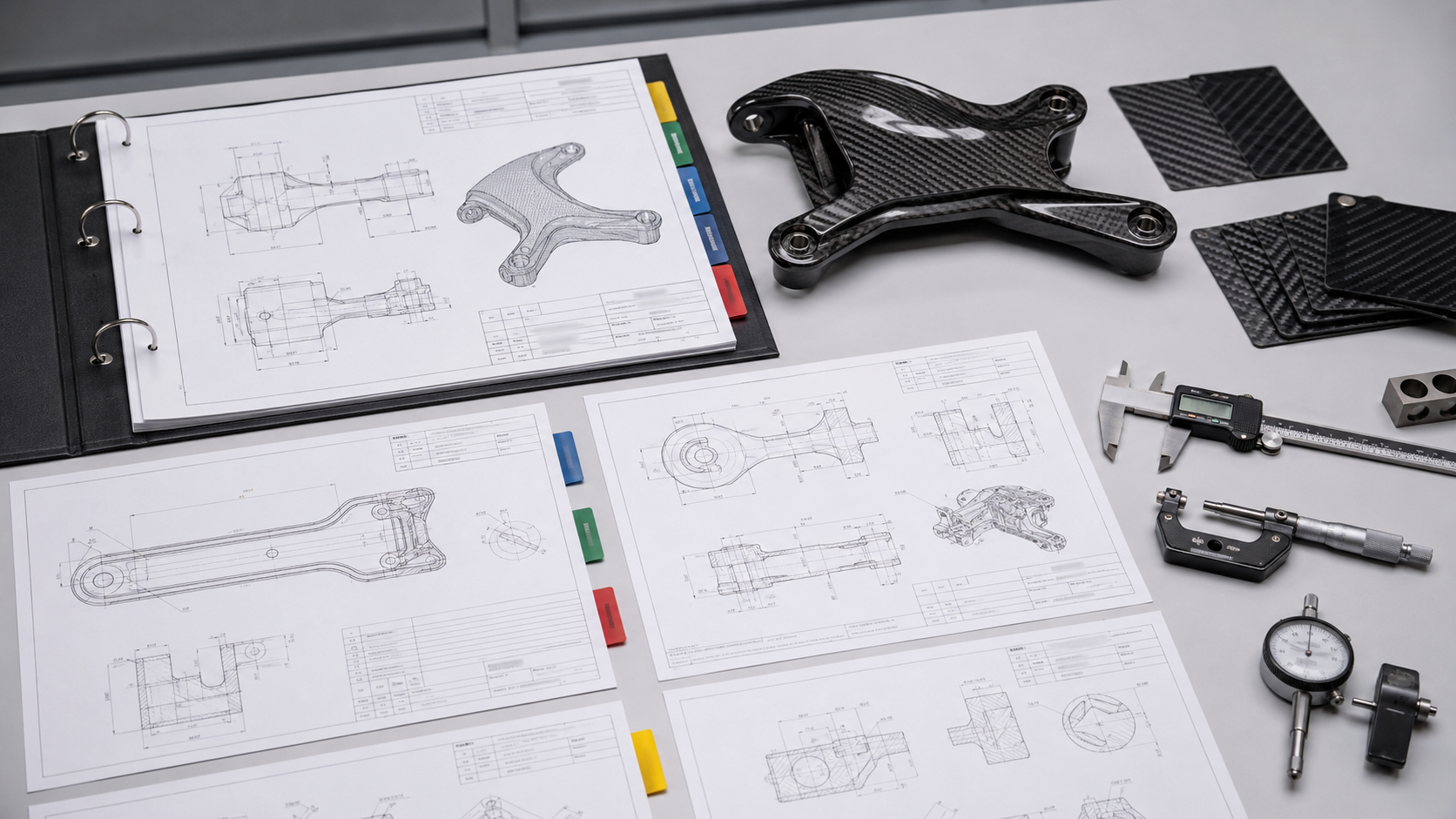 CAD drawing and revision control visual for a custom carbon fiber RFQ with engineering documents and inspection tools.