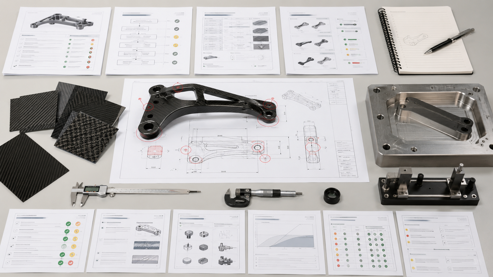Carbon fiber bracket manufacturing review with technical drawing, mold tooling, material samples, inspection tools, and quality documents.